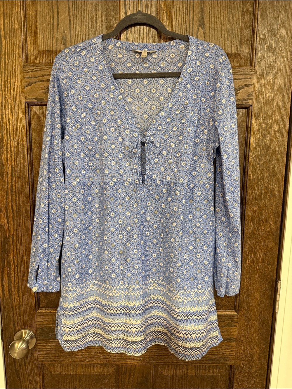 Athleta Light Blue Floral Tie-Neck Tunic Dress Cover Up Caftan Size Large
